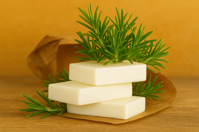 Handcrafted organic aloe and rosemary soap bar resting on a natural surface with dried herbs