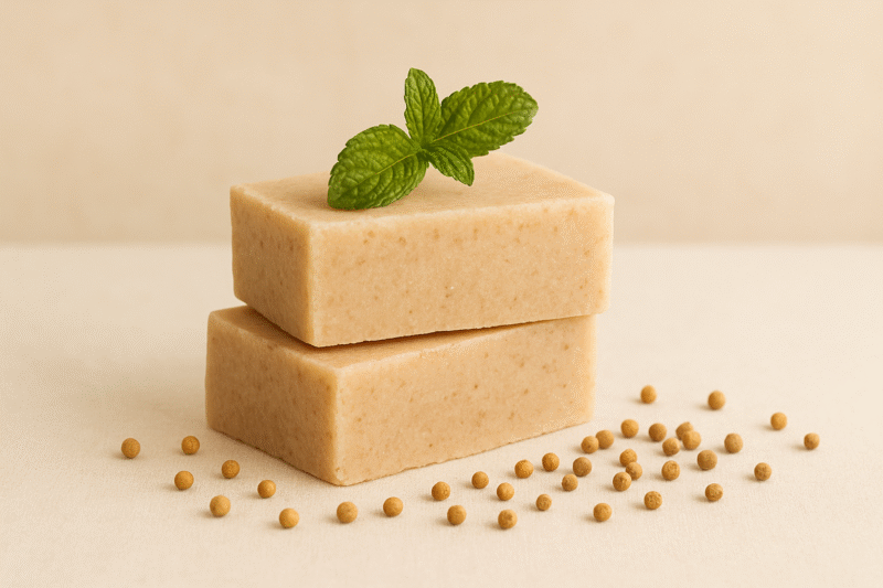 Handcrafted natural soap bar in light tan color with speckled botanicals, topped with fresh mint leaves, placed on a soft neutral background