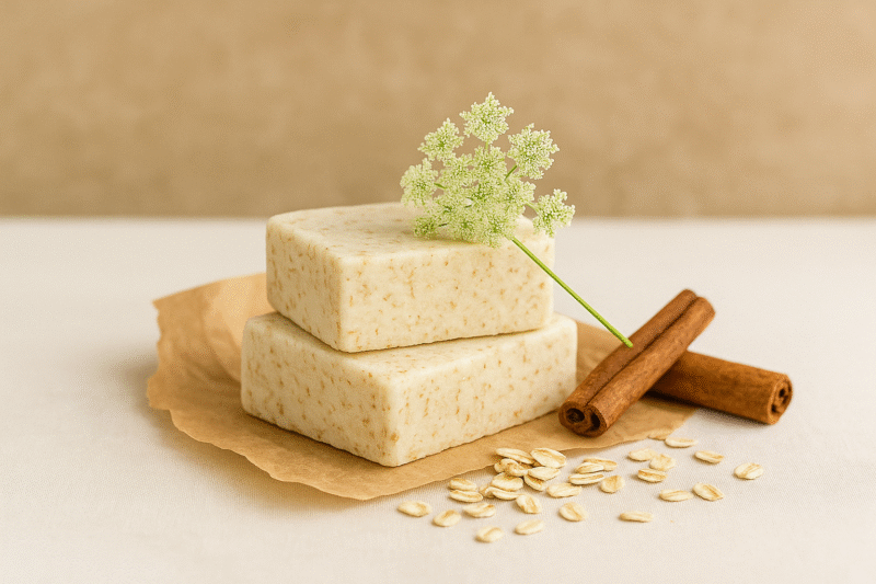 Handcrafted cinnamon oat milk soap bar with visible oat flecks, cured in wooden molds